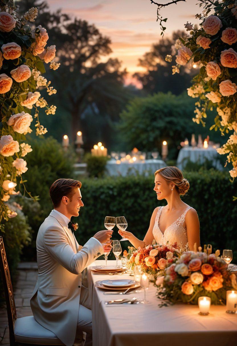 A tastefully arranged banquet table adorned with exquisite dishes, soft candlelight reflecting off crystal glassware, and delicate floral centerpieces. A couple in elegant attire sharing a romantic toast, with a backdrop of a lush garden under a twilight sky. The scene conveys intimacy, elegance, and allure, inviting the viewer to imagine delightful moments shared. super-realistic. warm tones. rich textures.