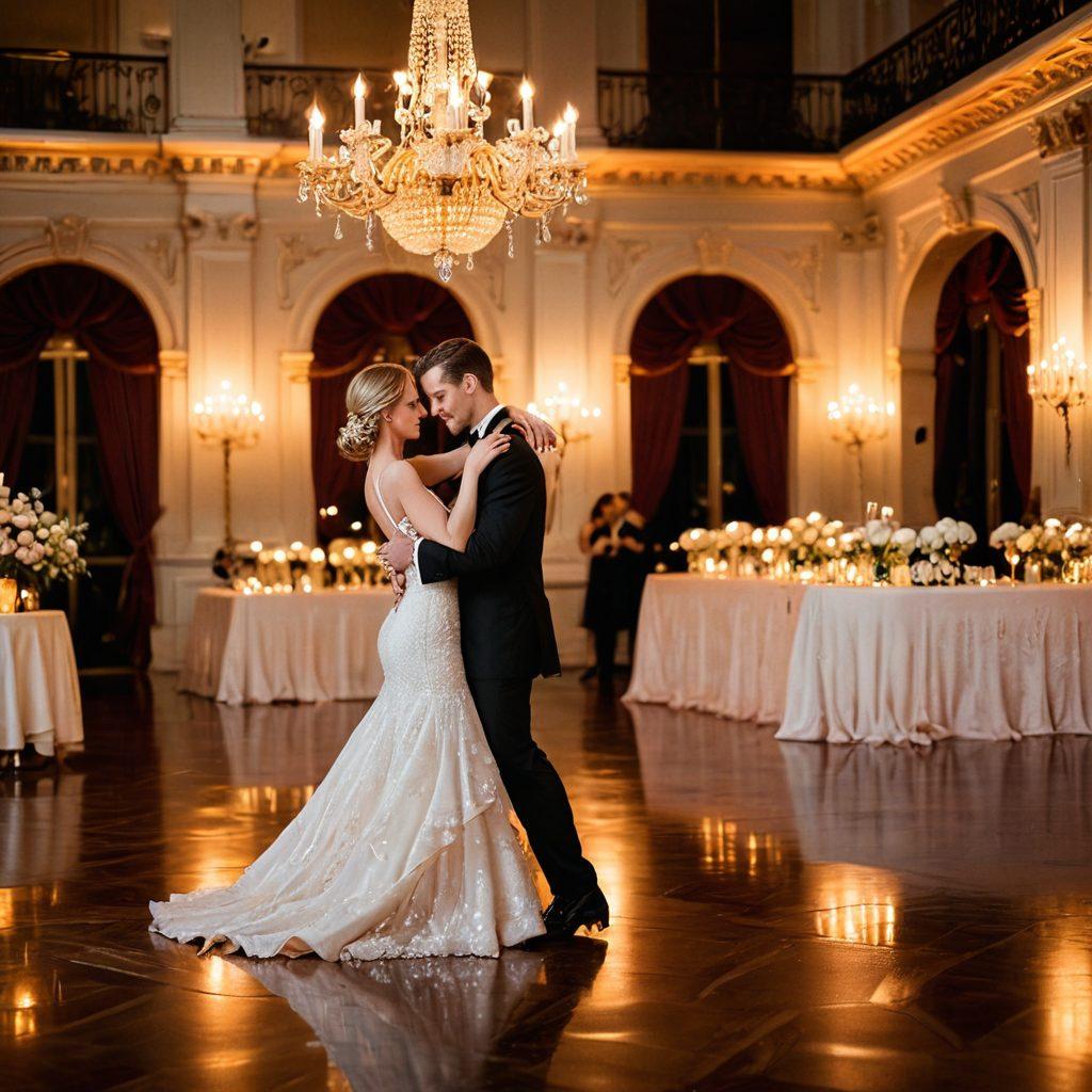 A mesmerizing scene depicting an elegant couple dancing under the soft glow of vintage chandeliers in a romantic, candlelit ballroom. Surround them with delicate roses, champagne flutes, and an atmosphere of warmth and intimacy. Incorporate elements of sophistication and passion, highlighting their graceful movements and deep connection. Soft, warm color palette. super-realistic. lush details.